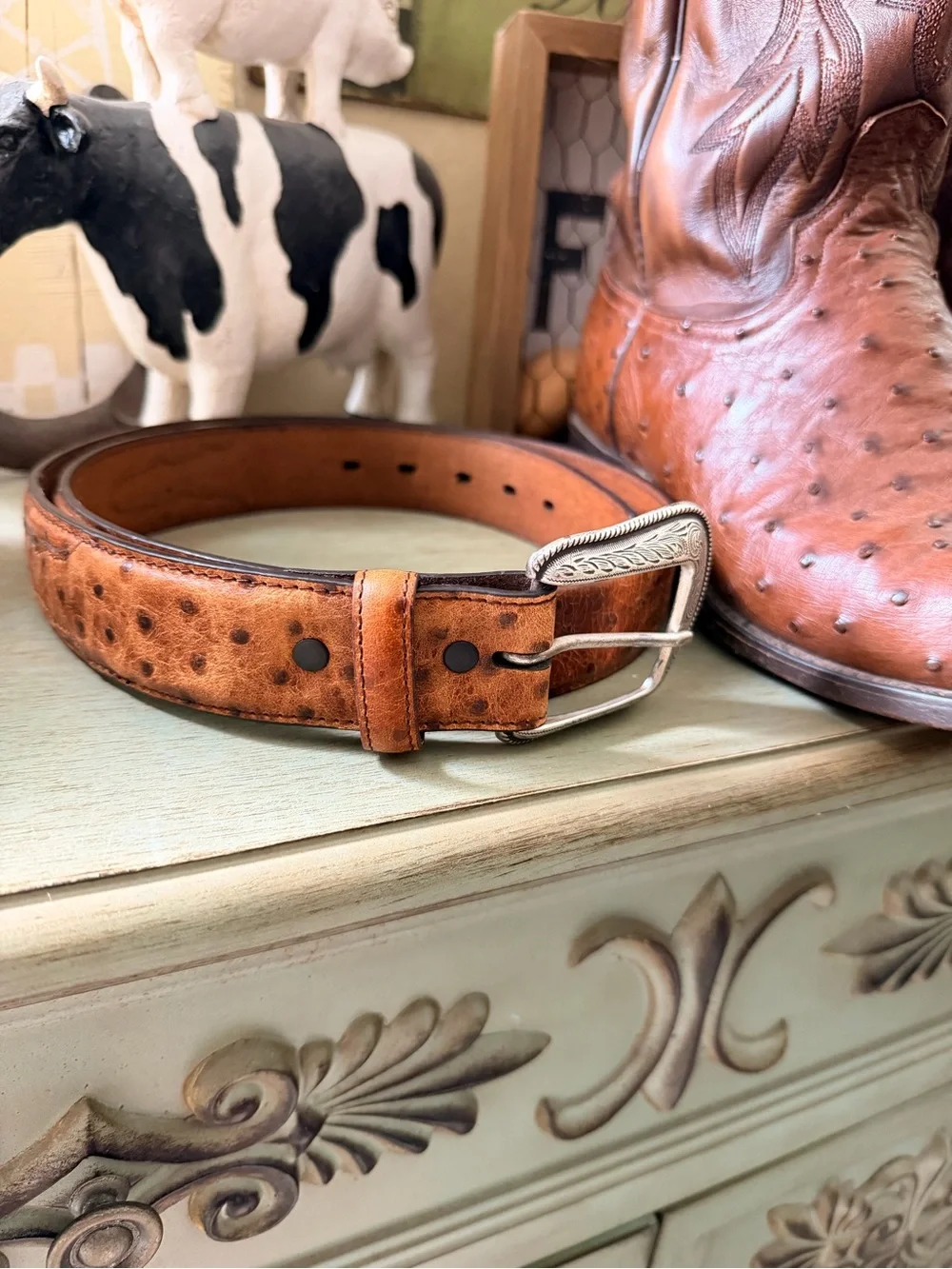 Men's Ostrich-Texture Leather Belt with Silver-Tone Buckle - Brown